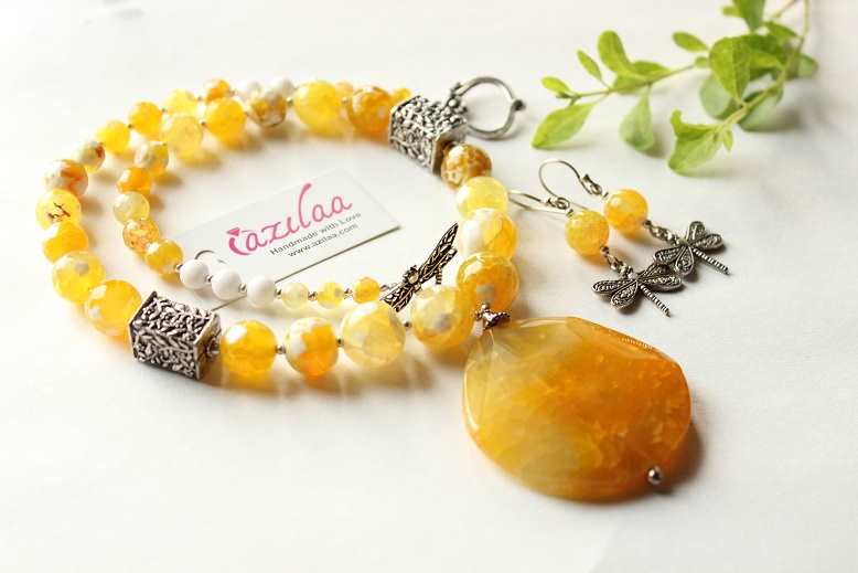 Statement yellow gemstone beaded necklace earrings set