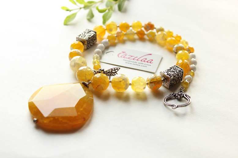 Statement yellow gemstone beaded necklace earrings set