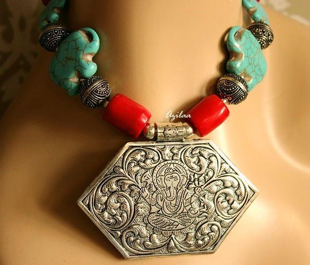 Statment gemstone turquoise Ganesha elephant handmade necklace