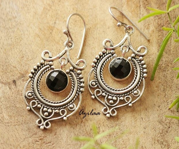 Sterling silver black onyx gemstone Chandelier Earrings at ₹4550 | Azilaa