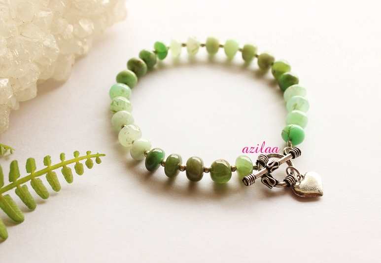 Sterling silver heart charm healing Chrysoprase gemstone bracelet