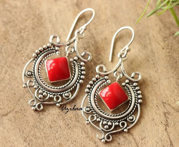 Sterling silver red gemstone Chandelier Earrings at ₹4950 | Azilaa