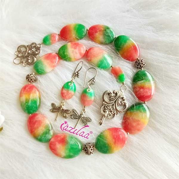 Sweet candy shaded oval beaded gemstone necklace set at ₹2950 Azilaa