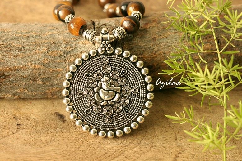 Tiger eye Ganesha gemstone designer handmade necklace earring set