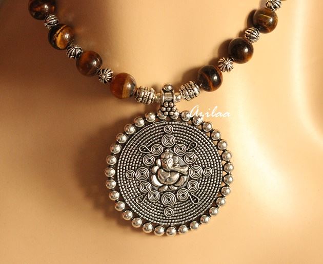 Tiger eye Ganesha gemstone designer handmade necklace earring set