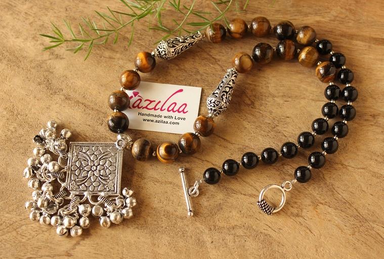 Tiger eye black onyx gemstone handmade pendant necklace earring