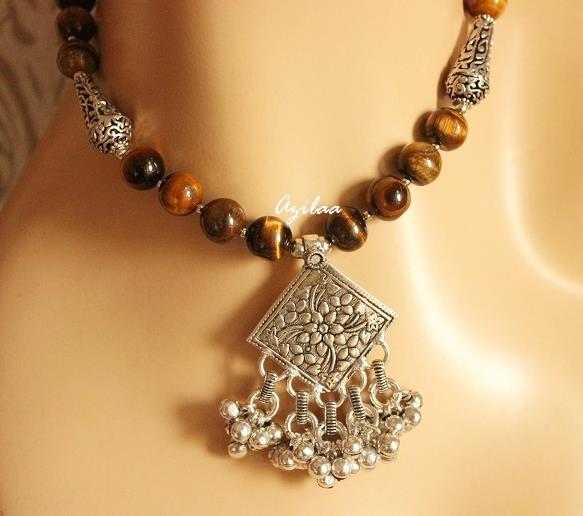 Tiger eye black onyx gemstone handmade pendant necklace earring