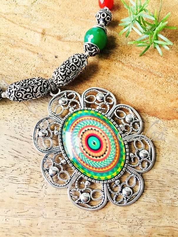 Tribal green Statement handmade necklace earrings set