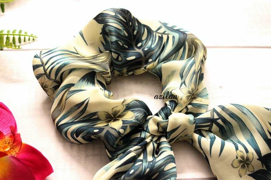 Tropical leaves handmade large bow scrunchie
