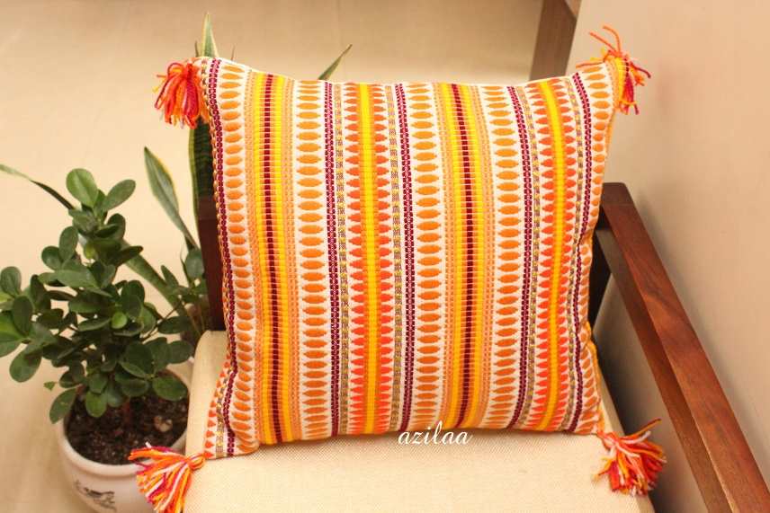 Vibrant orange yellow  handloom handmade cushion cover