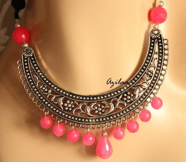 Vibrant pink Ethnic designer gemstone handmade necklace set