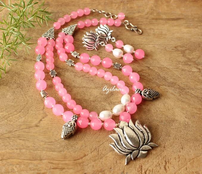 Lotus flower necklace earrings set, Designer pink stone jewelry