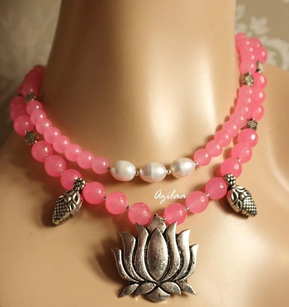 Lotus flower necklace earrings set, Designer pink stone jewelry