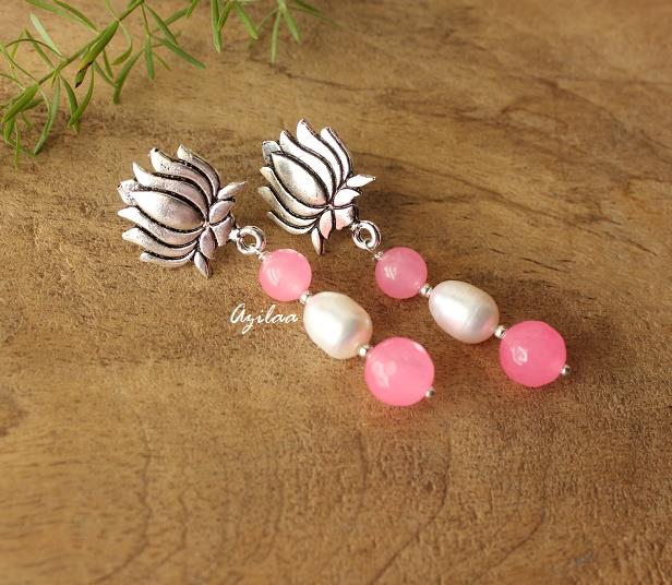 Lotus flower necklace earrings set, Designer pink stone jewelry
