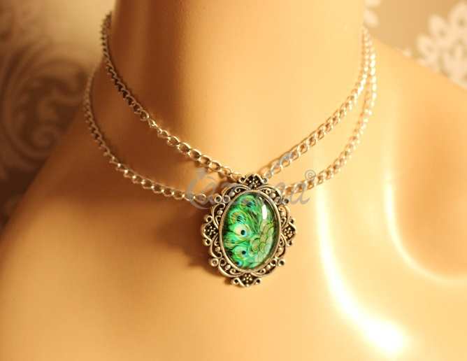 Vintage style layered chain choker peacock pendant necklace 