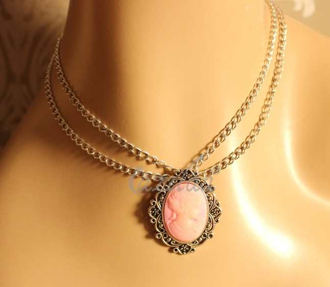 Vintage style layered chain choker pink pendant necklace 