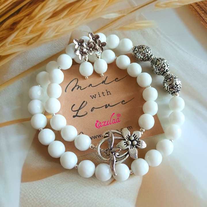 White gemstone designer beaded necklace set 