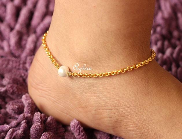White pearl Bead gold plated chain handmade Anklet at 850 Azilaa