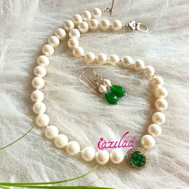 White pearl beaded green pendant choker necklace earrings