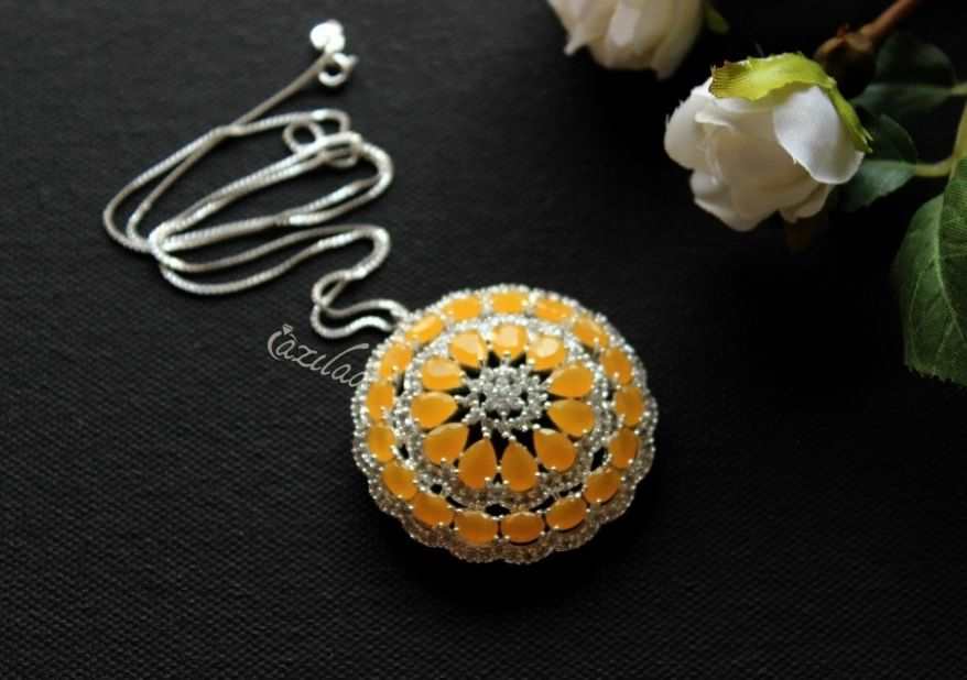 Yellow CZ studded pendant silver necklace earrings set