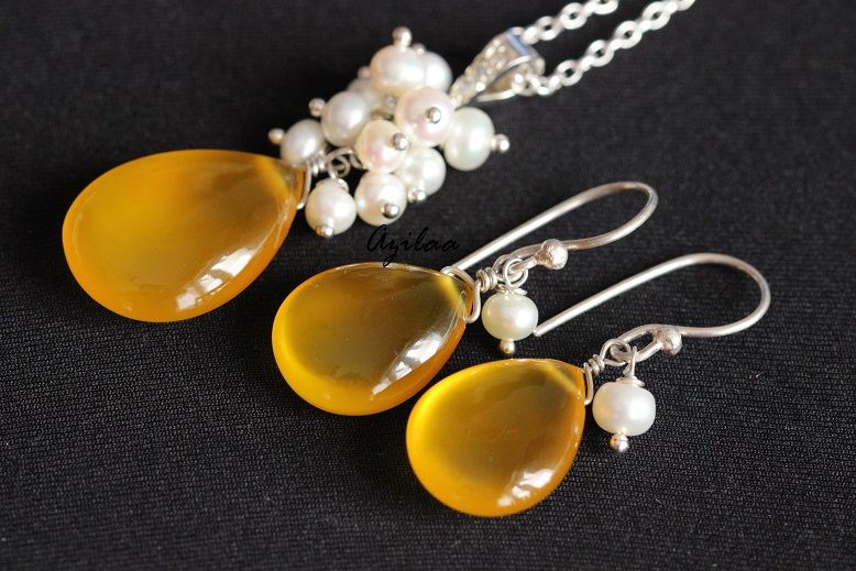 Yellow Chalcedony Pearl Pendant Earrings Gemstone Silver Beaded SET