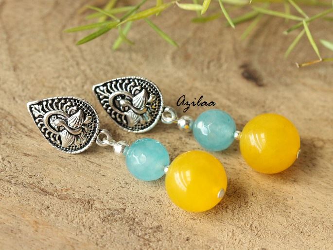 Yellow blue gemstone silver post earrings