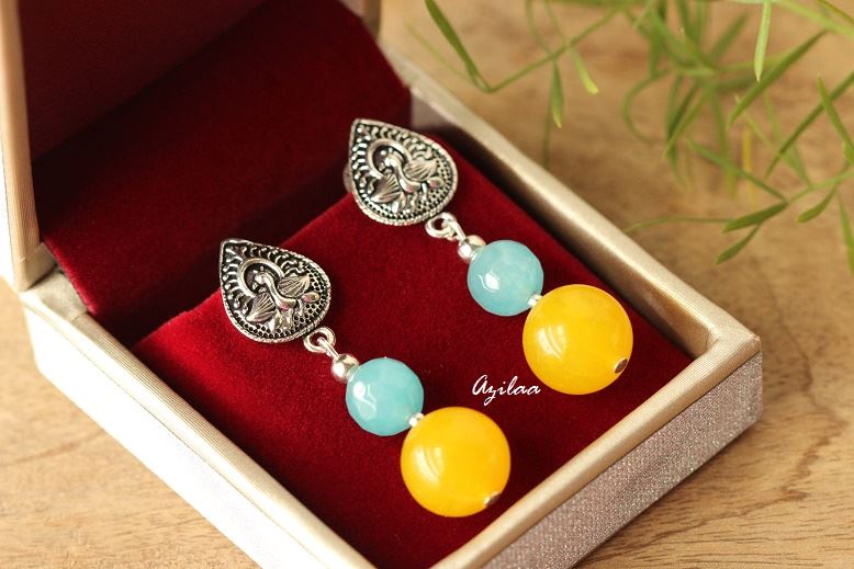 Yellow blue gemstone silver post earrings