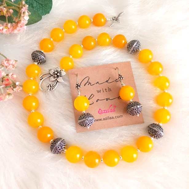 Yellow gemstone beaded handmade necklace set