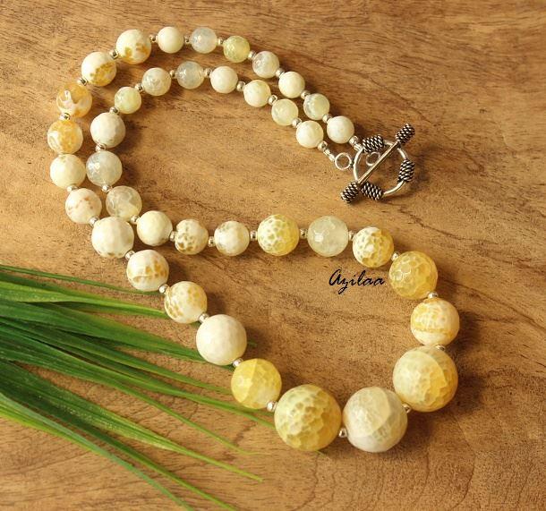 Yellow white agate gemstone handmade silver necklace