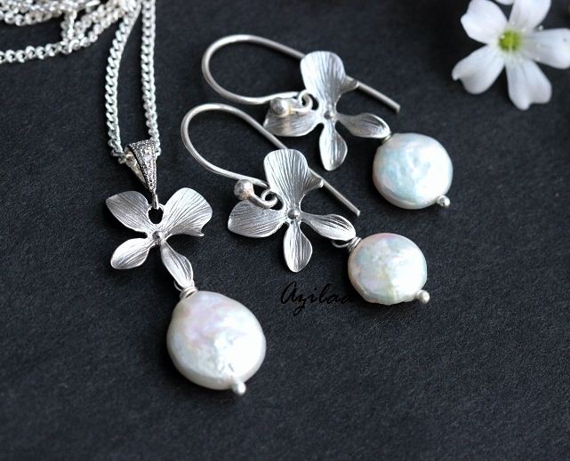 Orchid Flower Designer Pearl Pendant Necklace SET